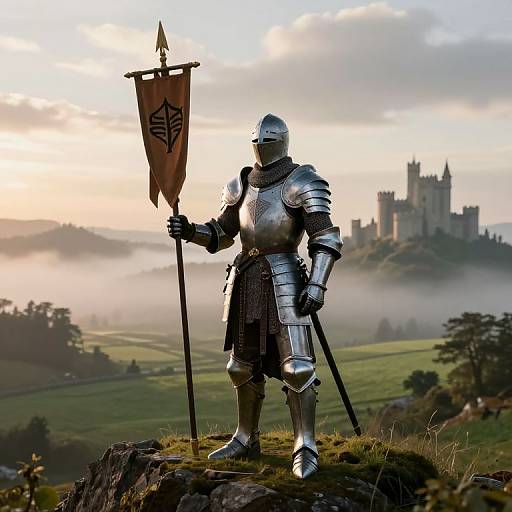 Knight in shiny silver armor stands on grassy hill, holding banner with eagle symbol, castle in misty background, sunset light. Photorealistic digital