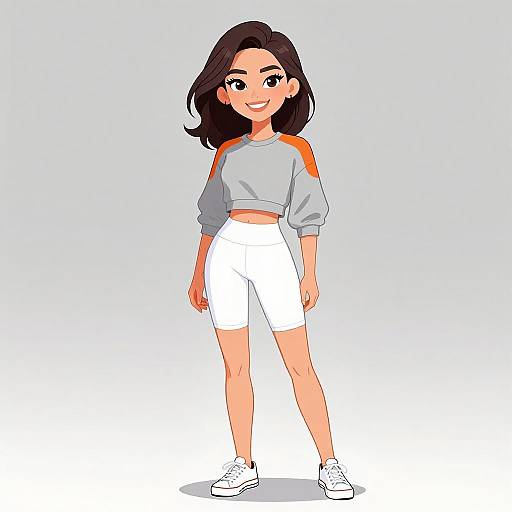 Digital anime-style drawing of a smiling young woman with dark brown hair, wearing a gray long-sleeve top with orange sleeves, white shorts, and