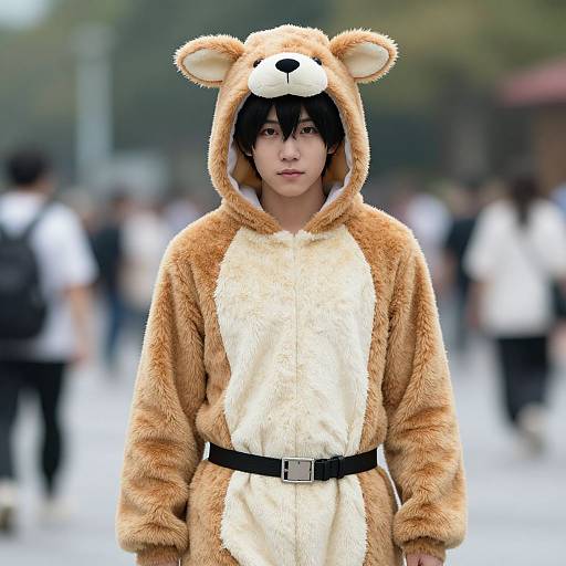 Photograph of a young Asian man in a fluffy brown and cream bear costume with a black belt, standing in a blurred urban background with people in white