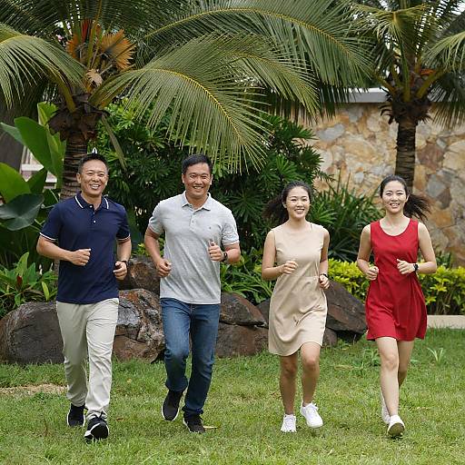 Smiling Friends Running Through Tropical Garden