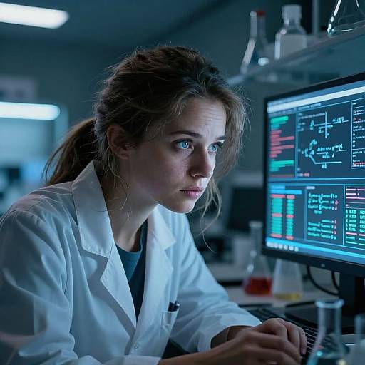 Photograph of a focused young woman with light brown hair in a white lab coat, intently looking at a computer screen displaying complex data in a dim