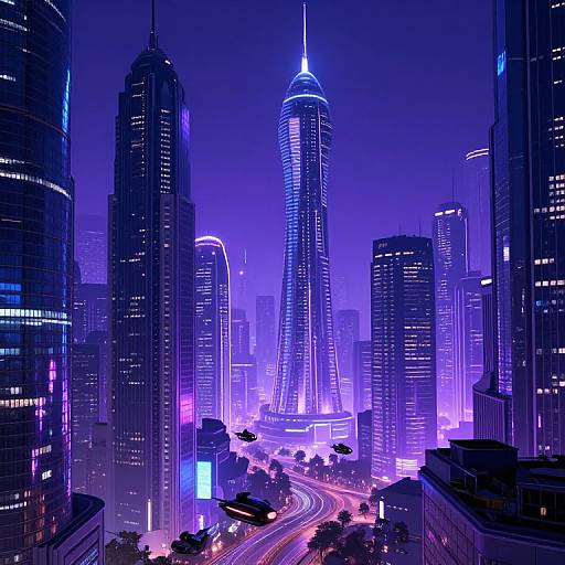 Neon-lit, futuristic cityscape photograph of towering skyscrapers with vibrant purple and blue lights, a central illuminated spire, and a busy