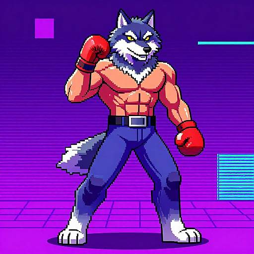 Pixel art of a muscular anthropomorphic wolf boxer, wearing red gloves, blue pants, and a belt, standing in a purple grid background.