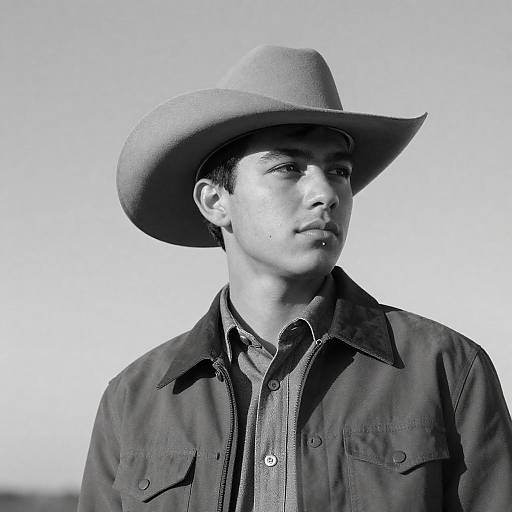 Young Man in Cowboy Hat Black and White Portrait