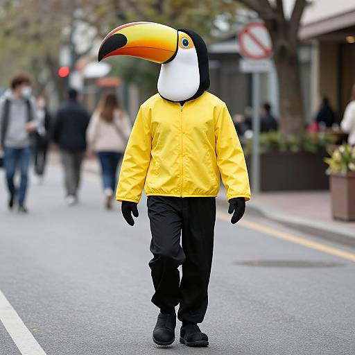 Photograph of a person walking on a city street in a yellow rain jacket and black pants, wearing a large toucan mask with a black, white