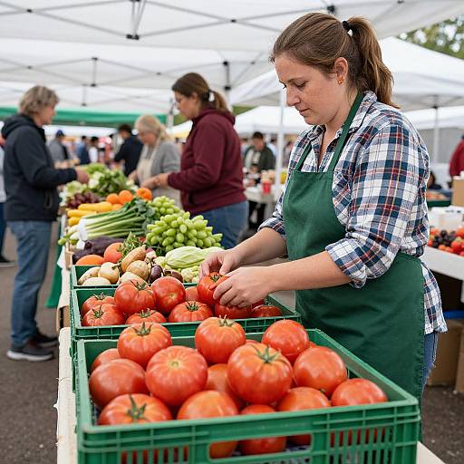 Photograph of a young woman with brown hair in a ponytail, wearing a green apron and plaid shirt, sorting tomatoes at a bustling outdoor