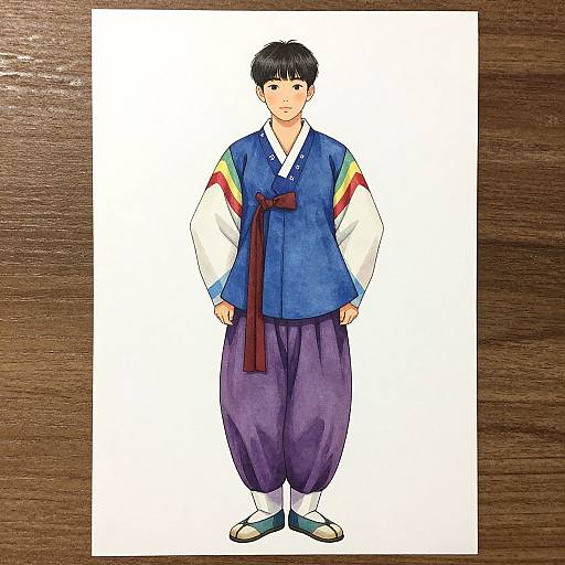 Digital illustration of a young Asian boy in traditional Korean attire, wearing a blue vest with rainbow stripes, purple pants, white shirt, and green shoes,