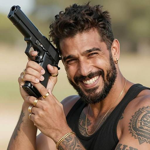 Smiling man holding black pistol outdoors