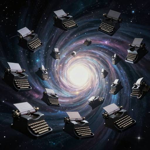 Digital artwork of black typewriters orbiting a luminous, swirling galaxy with vibrant blue and purple hues, set against a starry space backdrop.