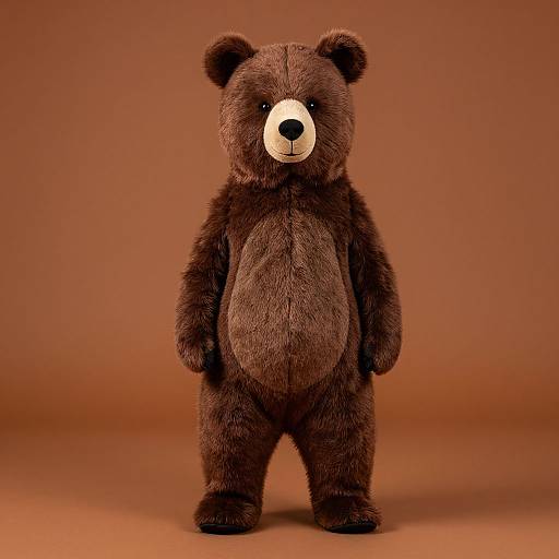 Photograph of a brown, plush teddy bear with a cream-colored snout and black nose, standing against a plain, warm brown background.