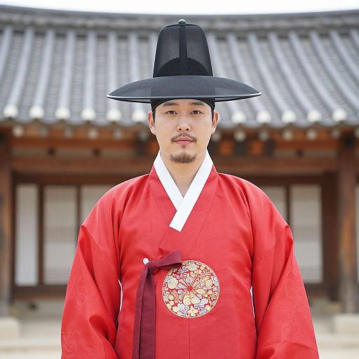 Photograph of a Korean man in traditional red hanbok with black hat, white collar, and intricate circular embroidery, standing in front of a traditional
