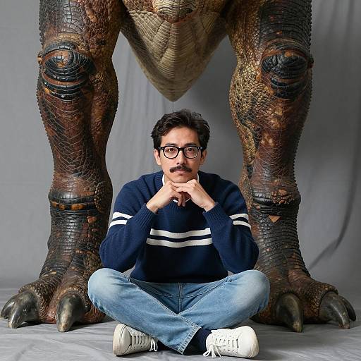 Man Sitting Between Realistic Dinosaur Legs