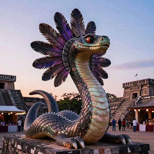 Photograph of a detailed, metallic, snake statue with purple feathers, red eyes, and a colorful scales pattern, set against a sunset sky and an
