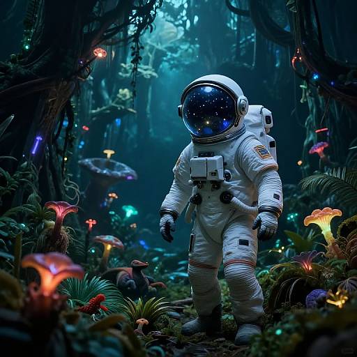 Digital artwork of a space-suited astronaut with a reflective helmet walking through a glowing, bioluminescent forest filled with colorful mushrooms and plants.