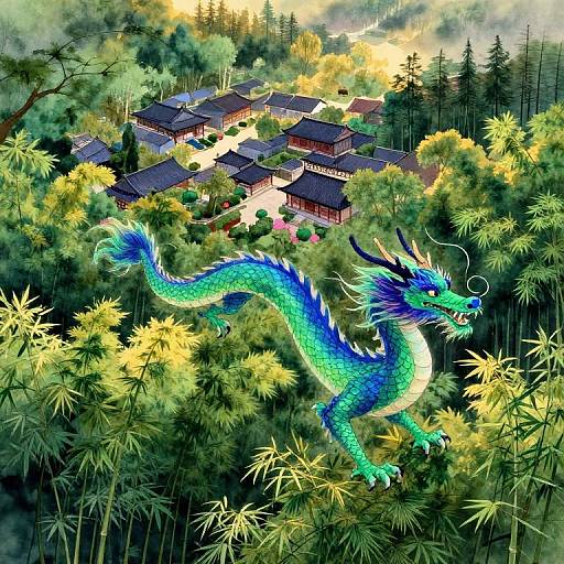 Digital illustration of a vibrant, blue-green dragon with blue spines and horns, flying through a dense, lush bamboo forest, with traditional Japanese village houses