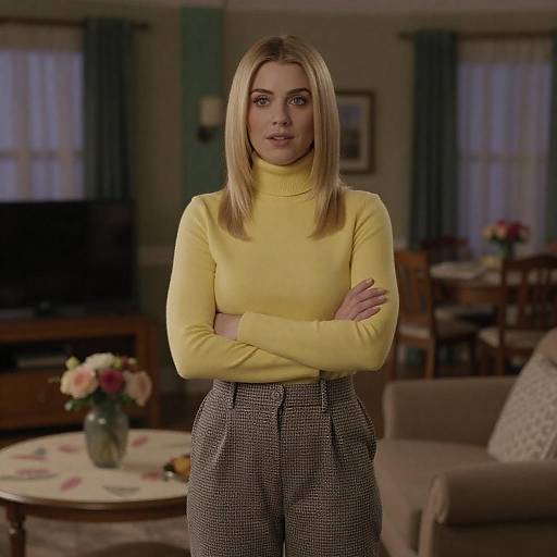 Stylish Blonde Woman in Cozy Living Room