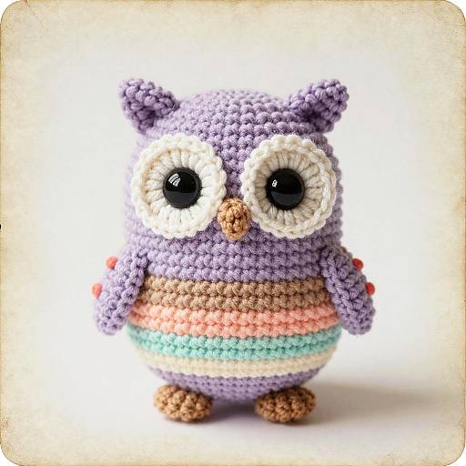 Crocheted purple owl with large black and white eyes, striped body in pink, brown, teal, and lavender, standing on brown feet.