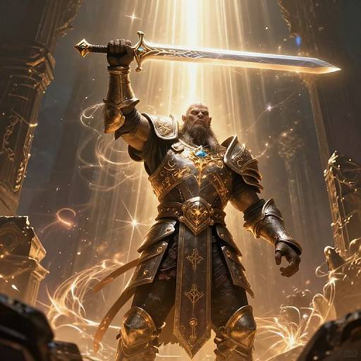 Epic digital artwork of a muscular, bearded warrior in golden armor, holding a glowing sword, standing in a radiant, fiery cathedral.