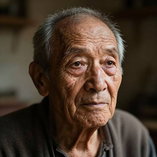 Photograph of an elderly Asian man with deeply wrinkled face, short gray hair, and brown eyes, wearing a dark shirt, illuminated by soft light