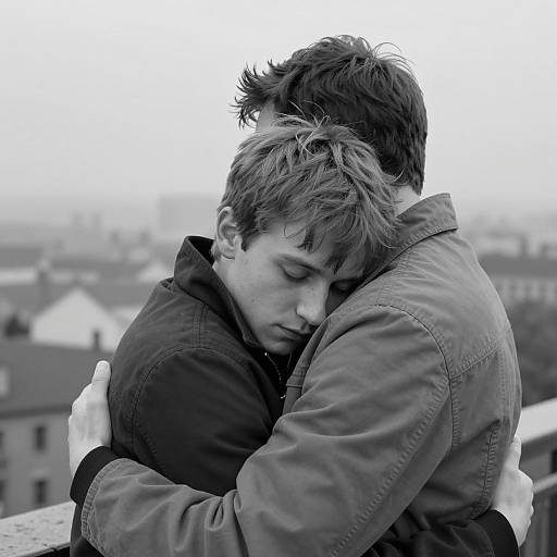 Emotional Embrace in Foggy Cityscape