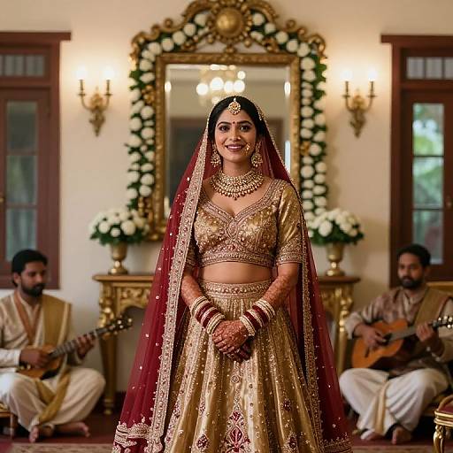 Photograph of an Indian bride in gold and red traditional attire, standing in an ornate room with two musicians in the background.