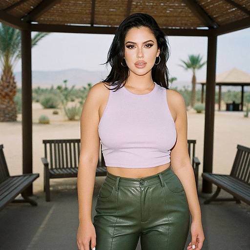Photograph of a confident woman with long black hair, wearing a white crop top and green leather pants, standing under a wooden pergola in a desert