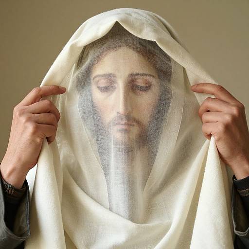 Photograph of a man with fair skin, brown hair, and closed eyes, gently pulling a translucent white veil over his head.