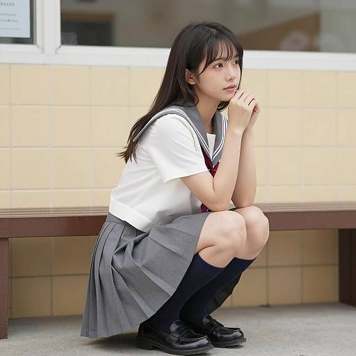 Outdoor Pose of Asian Woman in Sailor Outfit