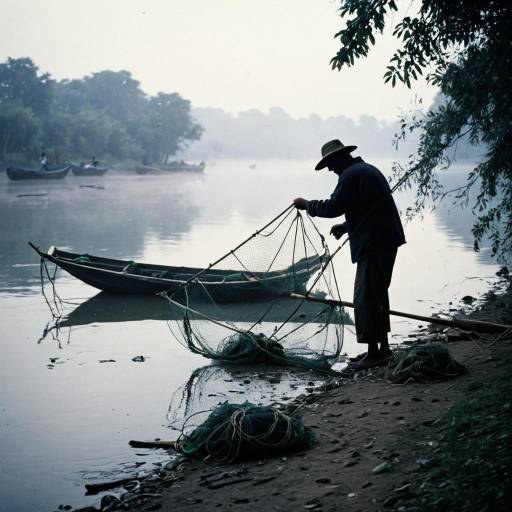 Fisherman Checking Nets at Misty Riverside
