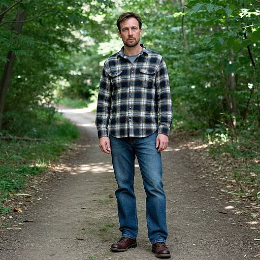 Photograph of a bearded man with short brown hair, wearing a black-and-white plaid shirt, blue jeans, and brown shoes, standing on
