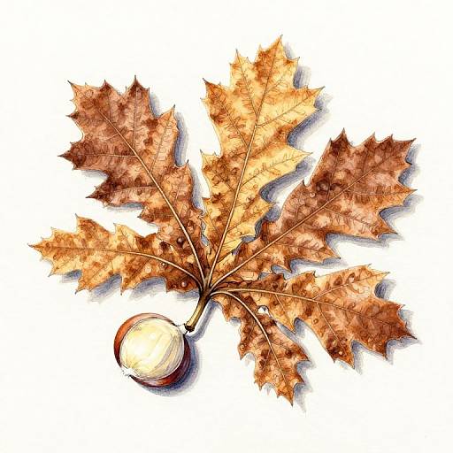 Digital illustration of an orange-brown, textured, five-lobed autumn maple leaf with a small, round, white-tipped stem on a white