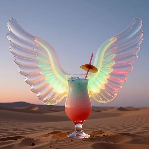 Photograph of a glowing, winged cocktail with a lemon slice and straw, set on a sandy desert at sunset.