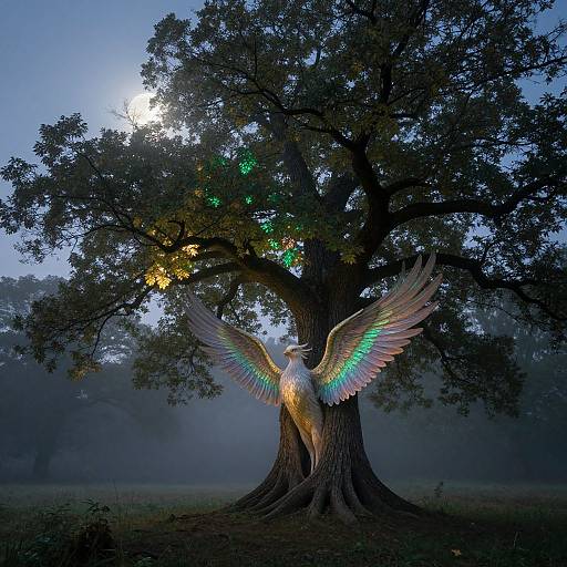 Photograph of a majestic tree with a glowing, rainbow-winged owl perched, moonlight filtering through dense foliage, misty forest background.
