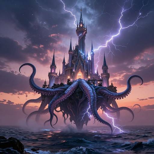 Fantasy digital artwork: A lightning-struck, octopus-tentacled castle floats on a stormy ocean at sunset, with vibrant purple,