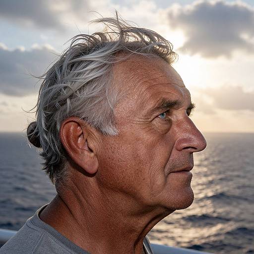 Photograph of an elderly man with silver hair, weathered skin, and a serious expression, facing right against a sunset over the ocean.