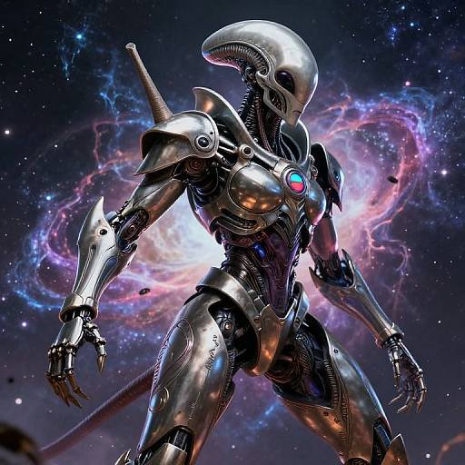 Digital artwork of a futuristic, sleek, metallic humanoid robot with a sleek, alien-like head, standing against a vibrant, cosmic galaxy backdrop.