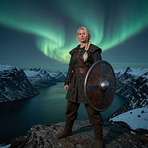 Medieval Warrior Woman Under Northern Lights