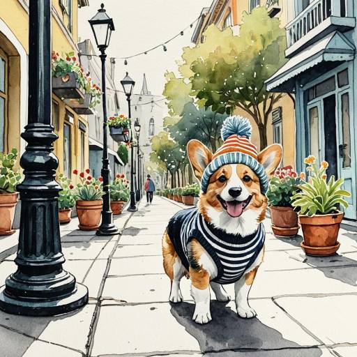 Corgi in Striped Knit Hat on City Street
