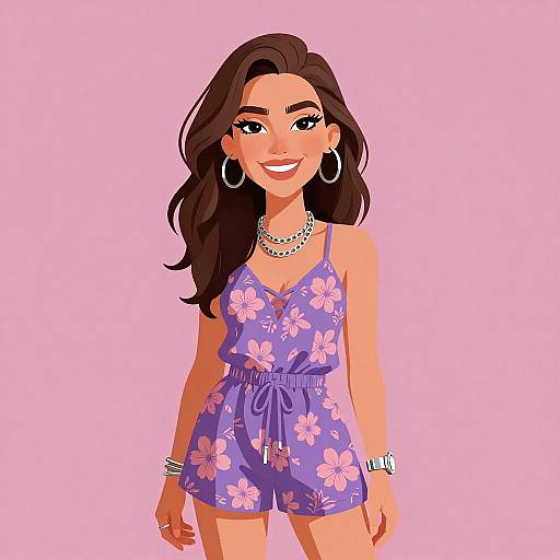 Digital illustration of a smiling woman with long brown hair, wearing a purple floral romper, silver jewelry, and hoop earrings, against a pink background.