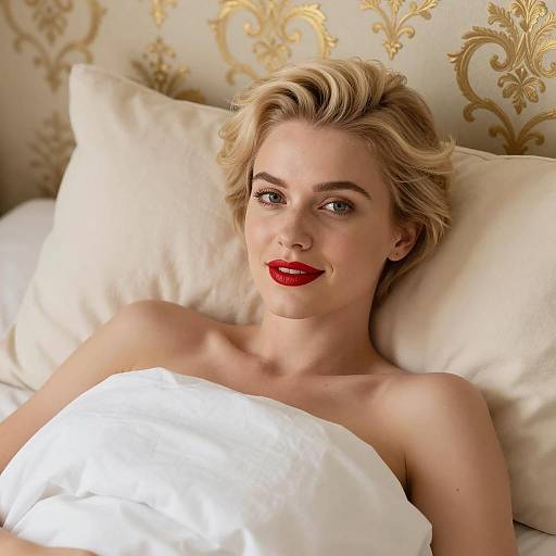 Blonde Woman Lying in Bed with Red Lipstick
