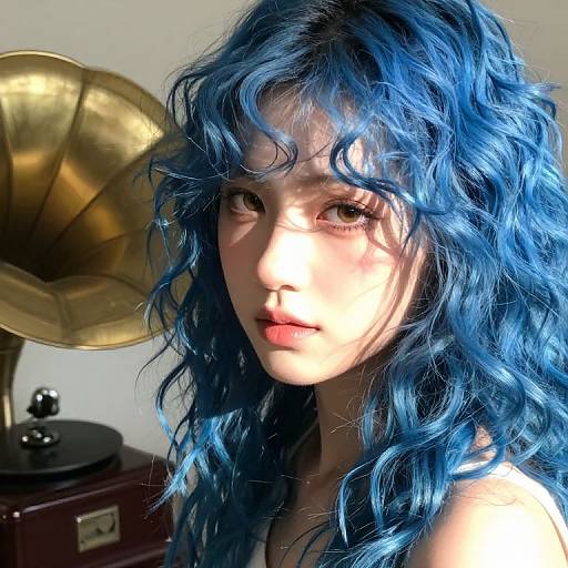 Photograph of a young woman with vibrant blue, wavy hair, sunlight casting shadows on her face, gold vintage radio in the background.