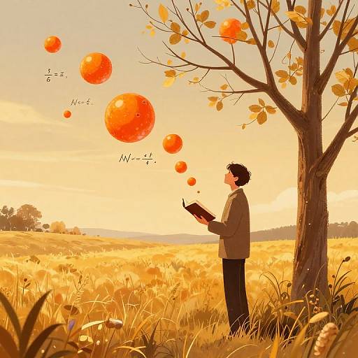 Anime-style digital drawing of a man in a suit, standing under a tree in a golden field, gazing at floating orange orbs. Warm, sunset