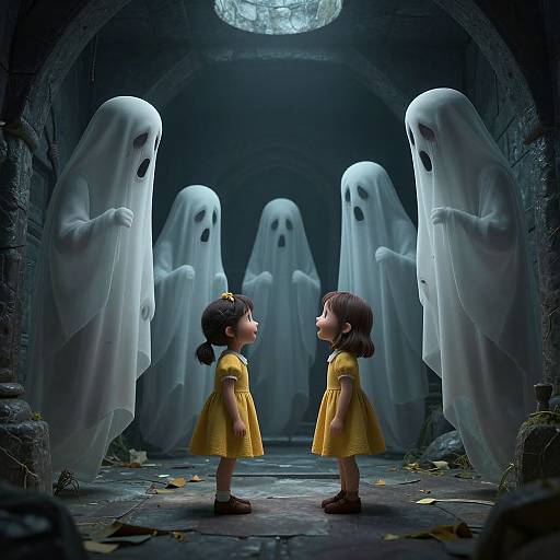Digital art: Two young girls in yellow dresses face eerie white ghostly figures in a dim, stone-tunnel with a glowing window.