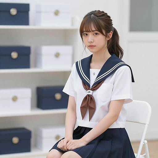 Asian Schoolgirl in Navy Blue Uniform