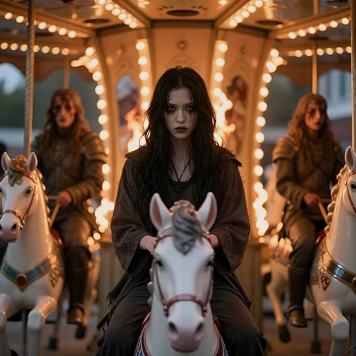 Intense Woman Amidst Fiery Carousel
