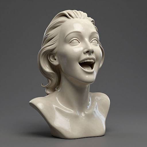Photorealistic white marble bust of a smiling child with wavy hair, eyes closed, and mouth open, set against a dark gray background.