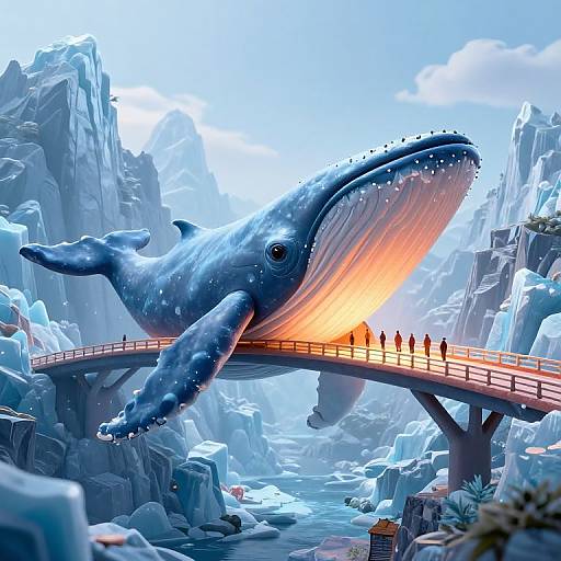 Digital artwork of a massive blue whale with glowing mouth crossing a red bridge over icy mountains, with silhouetted figures on the bridge. Bright,