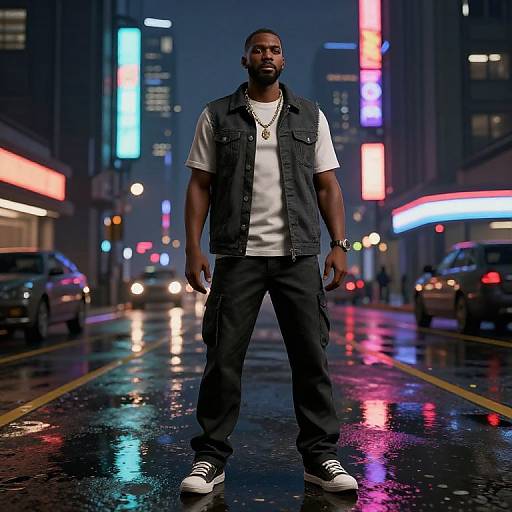 Confident Black GTA Character at Night