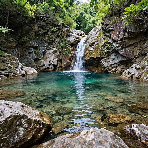 Photograph of a serene, secluded waterfall cascading into a clear, turquoise pool surrounded by rocky cliffs and lush green trees.