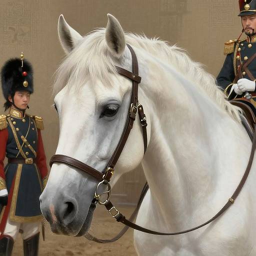 Photograph of a white horse with a brown bridle, standing next to two soldiers in red and black uniforms with gold accents.